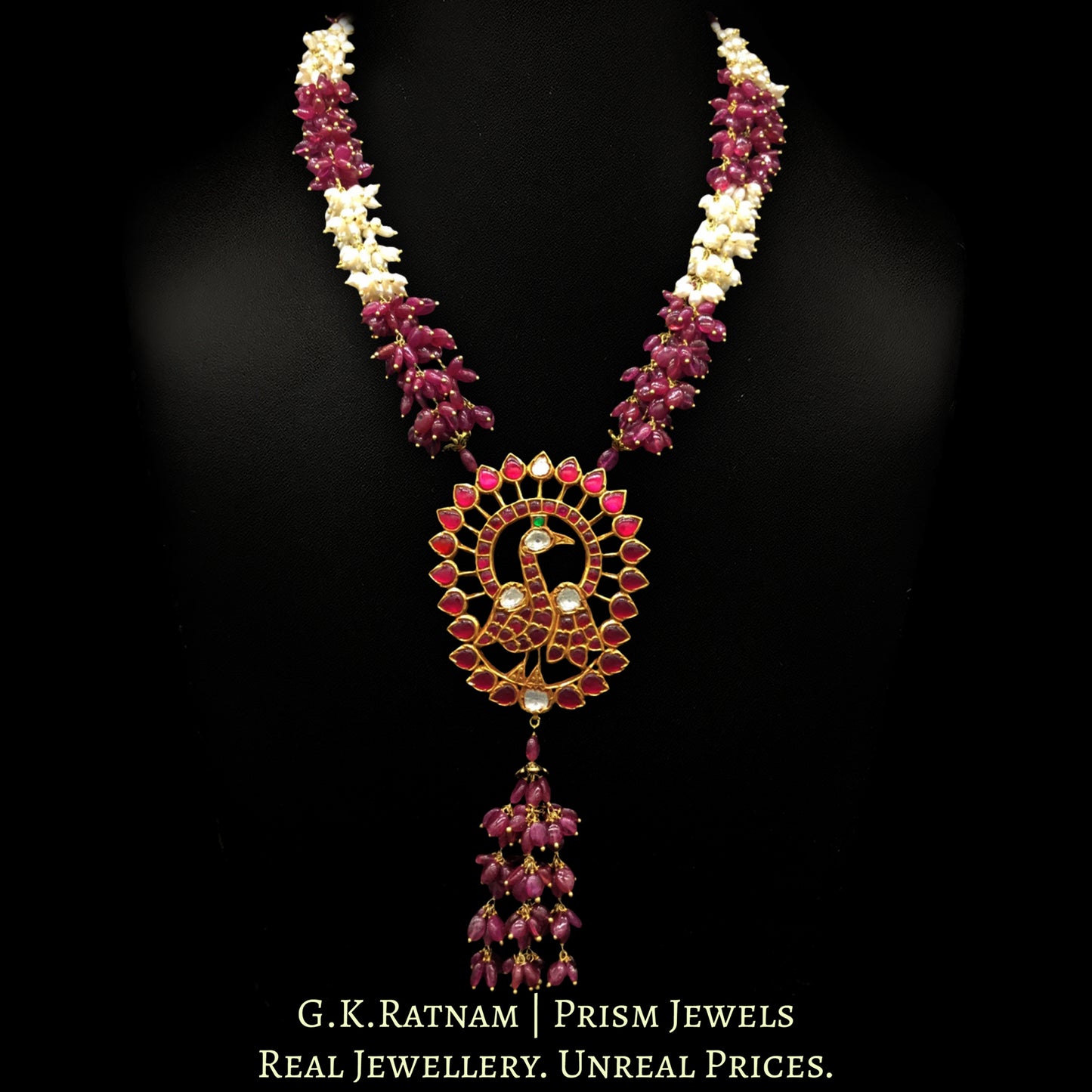 22k Gold and Diamond Polki south-style Peacock Pendant with Natural Rubies and Freshwater Pearls - G. K. Ratnam