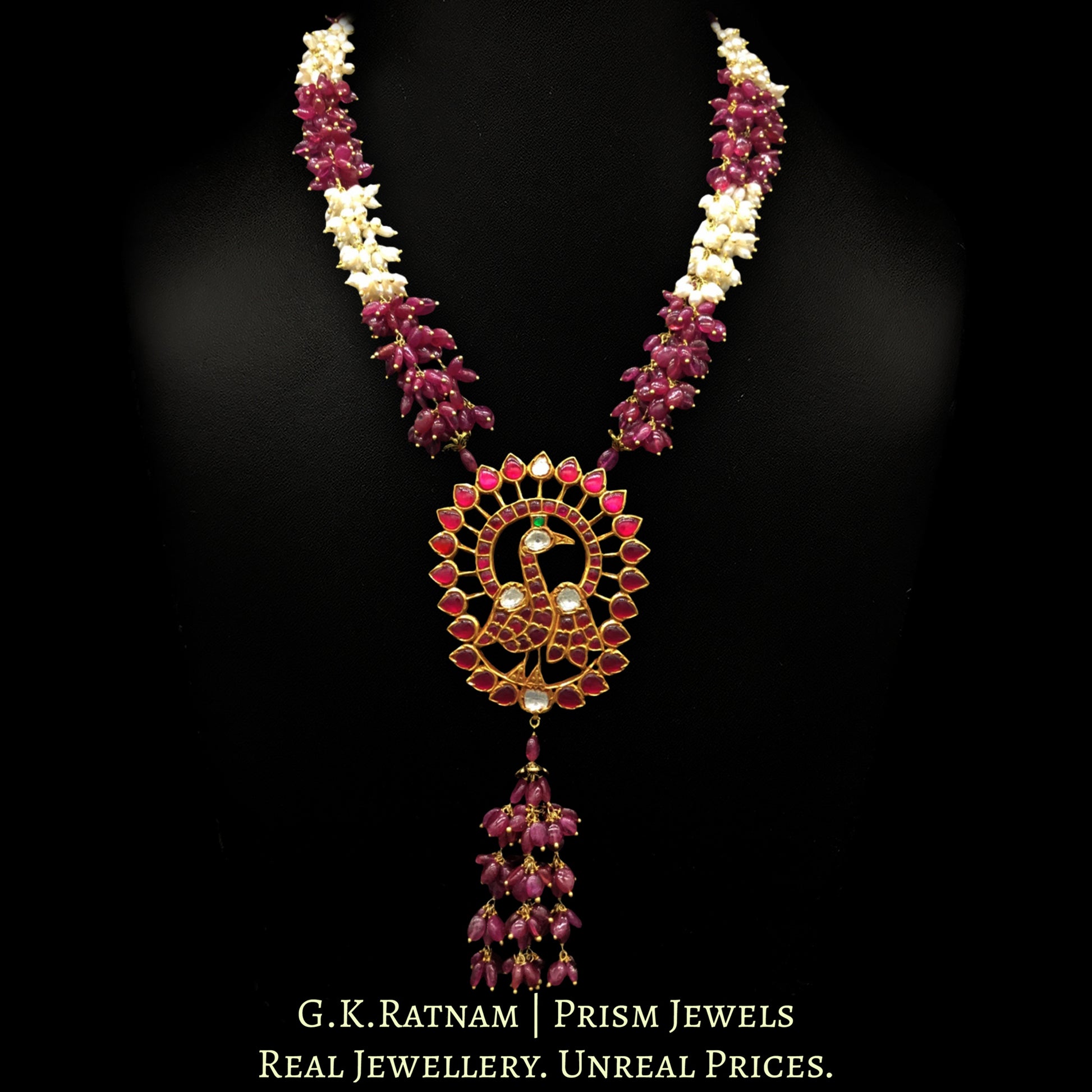 22k Gold and Diamond Polki south-style Peacock Pendant with Natural Rubies and Freshwater Pearls - G. K. Ratnam
