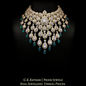 18k Gold and Diamond Polki Bridal Necklace Set with emerald-grade Green Beryl Hangings