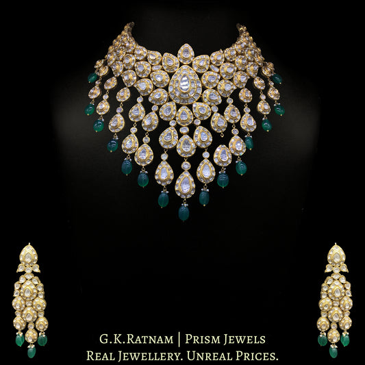 18k Gold and Diamond Polki Bridal Necklace Set with emerald-grade Green Beryl Hangings