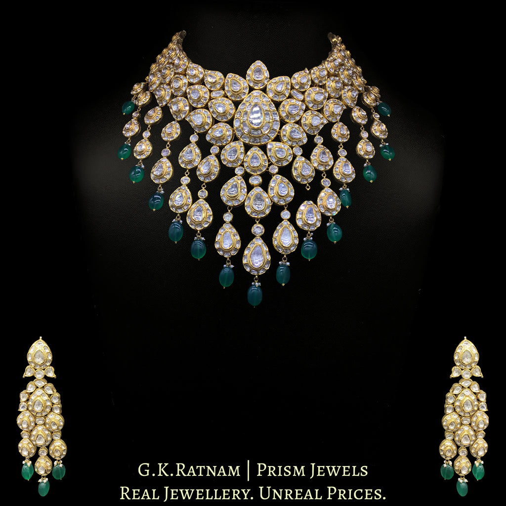 18k Gold and Diamond Polki Bridal Necklace Set with emerald-grade Green Beryl Hangings