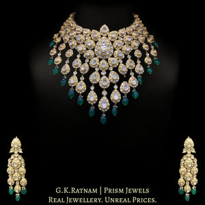 18k Gold and Diamond Polki Bridal Necklace Set with emerald-grade Green Beryl Hangings