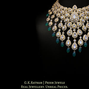 18k Gold and Diamond Polki Bridal Necklace Set with emerald-grade Green Beryl Hangings