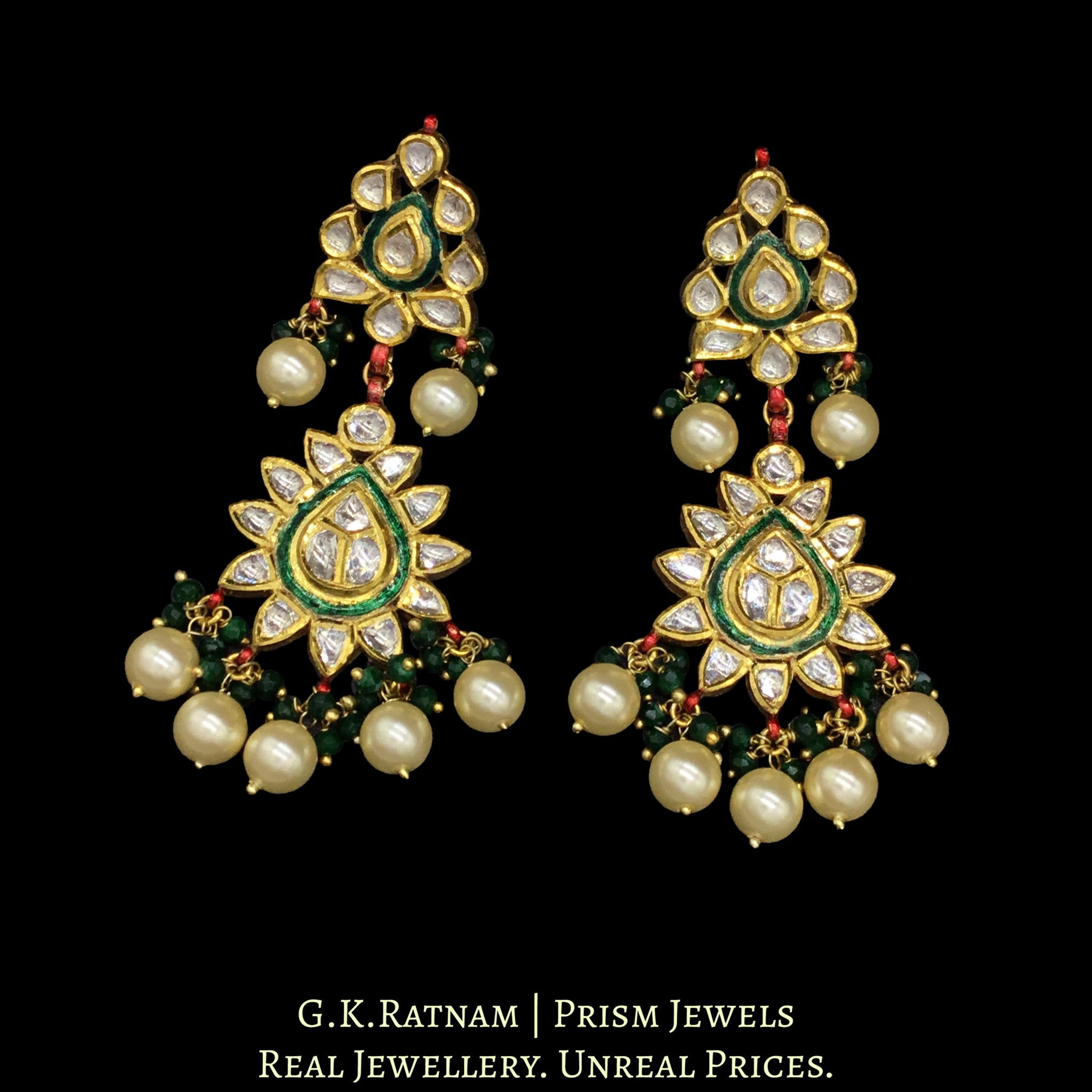 Traditional Gold and Diamond Polki green enamel Necklace Set with shiny pearls and a hint of green