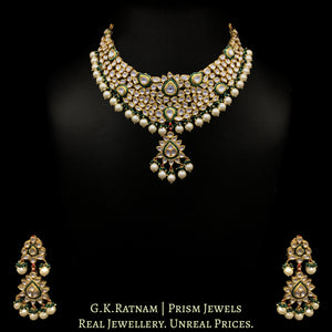 Traditional Gold and Diamond Polki green enamel Necklace Set with shiny pearls and a hint of green