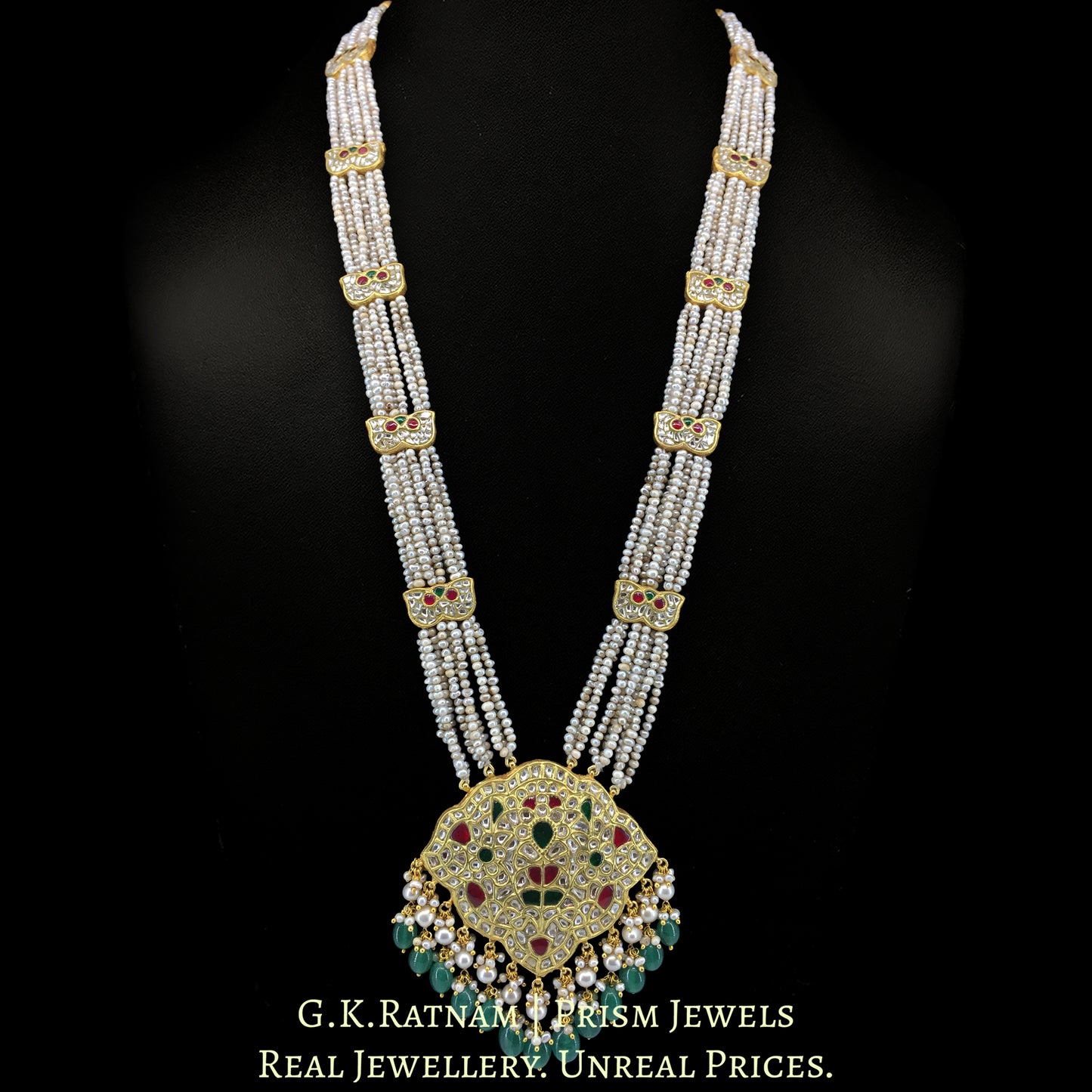 23k Gold and Diamond Polki south-style Pendant with Patrihaar / Ranihaar style stringing in Antiqued Freshwater Pearls