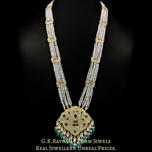 23k Gold and Diamond Polki south-style Pendant with Patrihaar / Ranihaar style stringing in Antiqued Freshwater Pearls