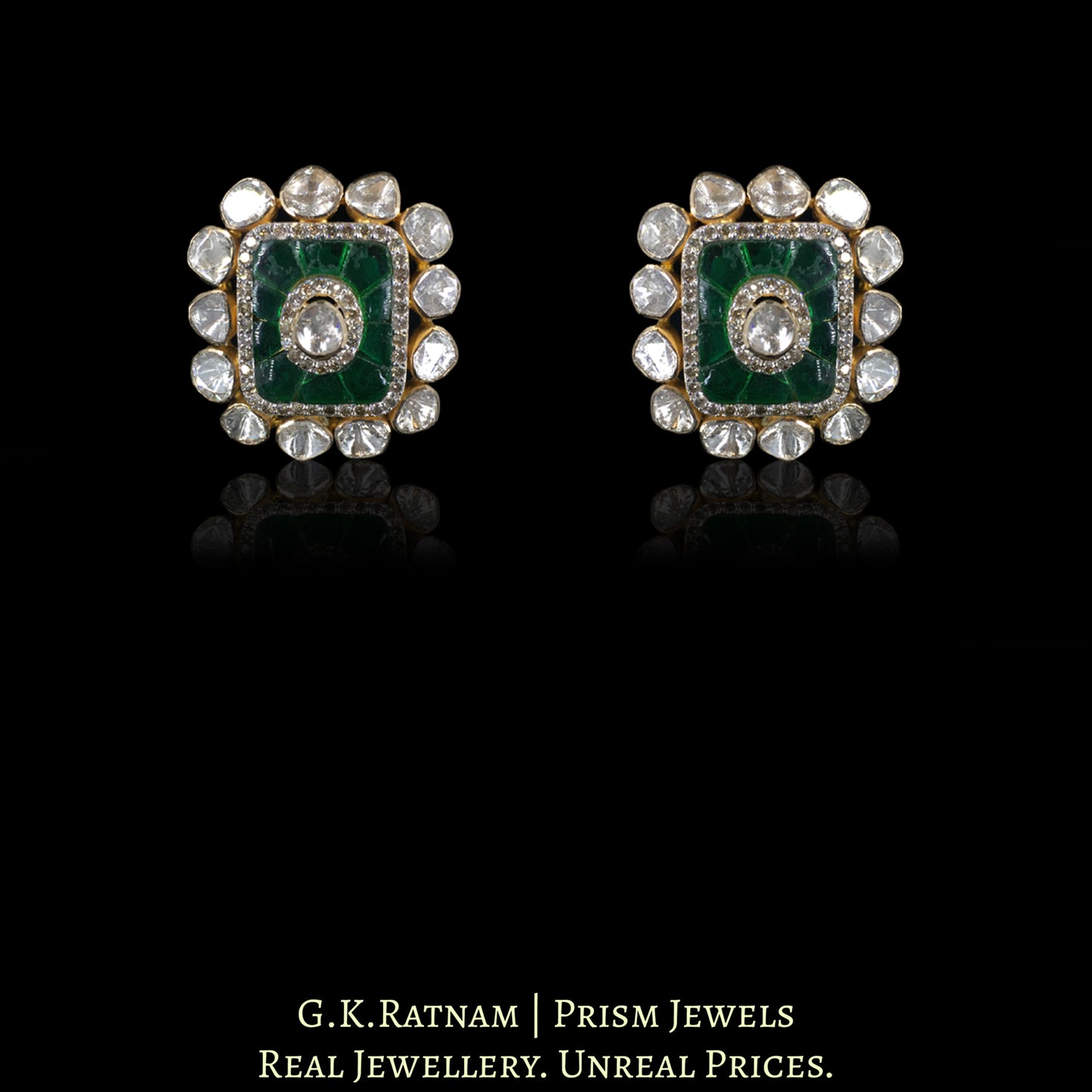 18k Gold and Diamond Polki Open Setting Necklace Set with hand-carved Tourmalines