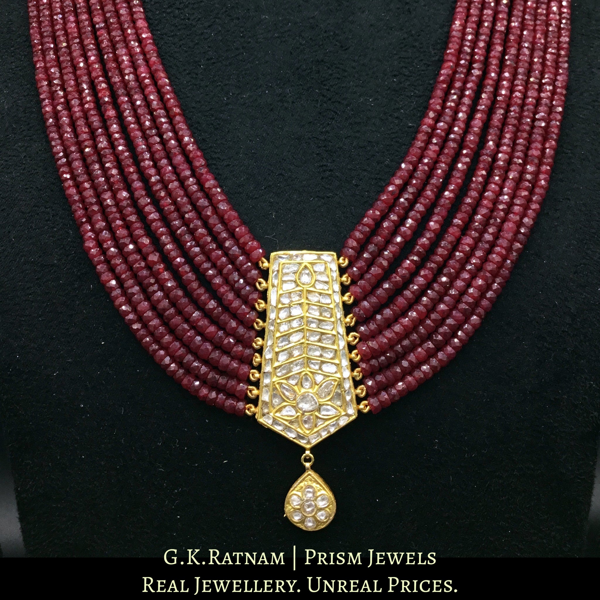 23k Gold and Diamond Polki small tie-shaped Pendant with Natural Rubies