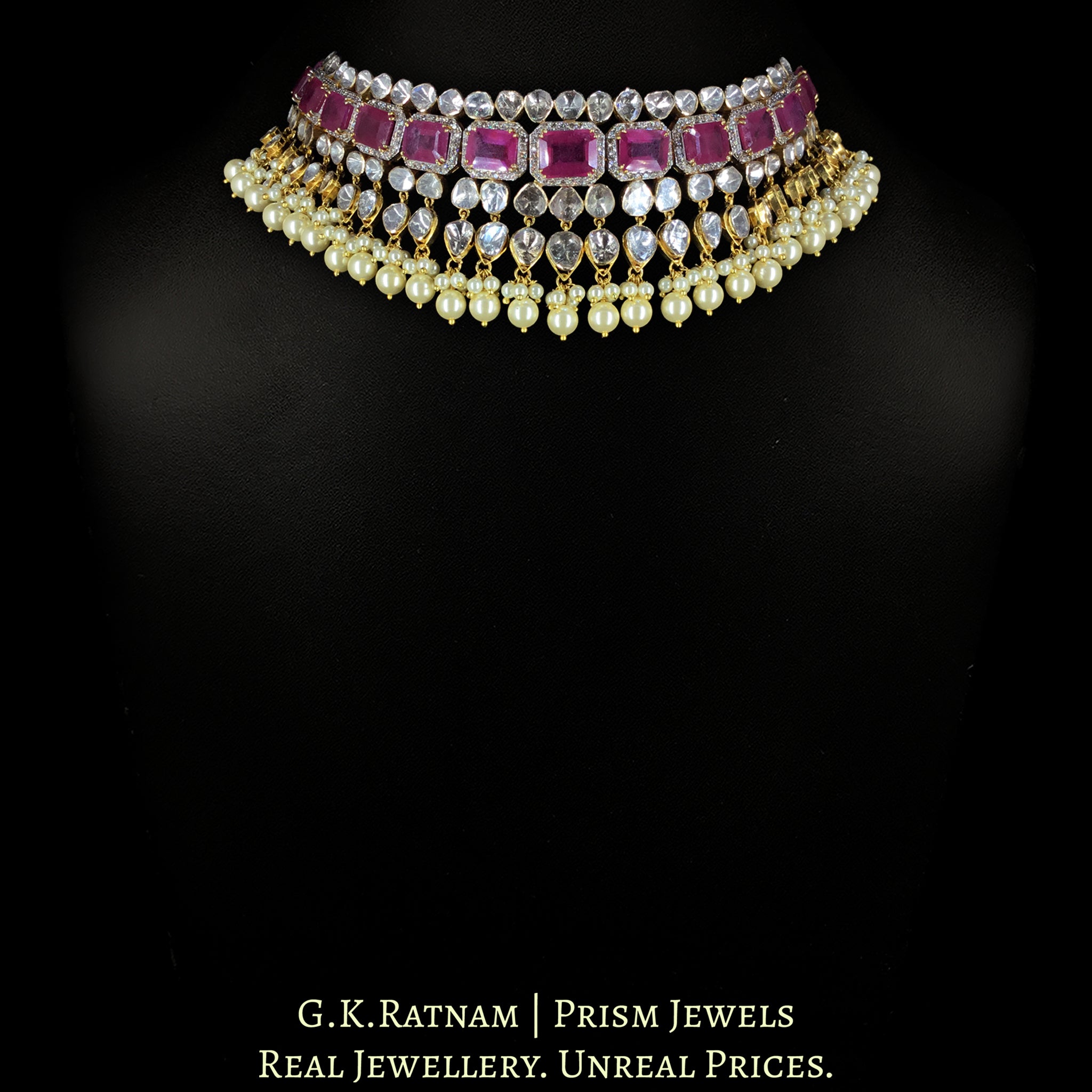 14k Gold And Diamond Polki Open Setting Choker Necklace Set with faceted Rubies