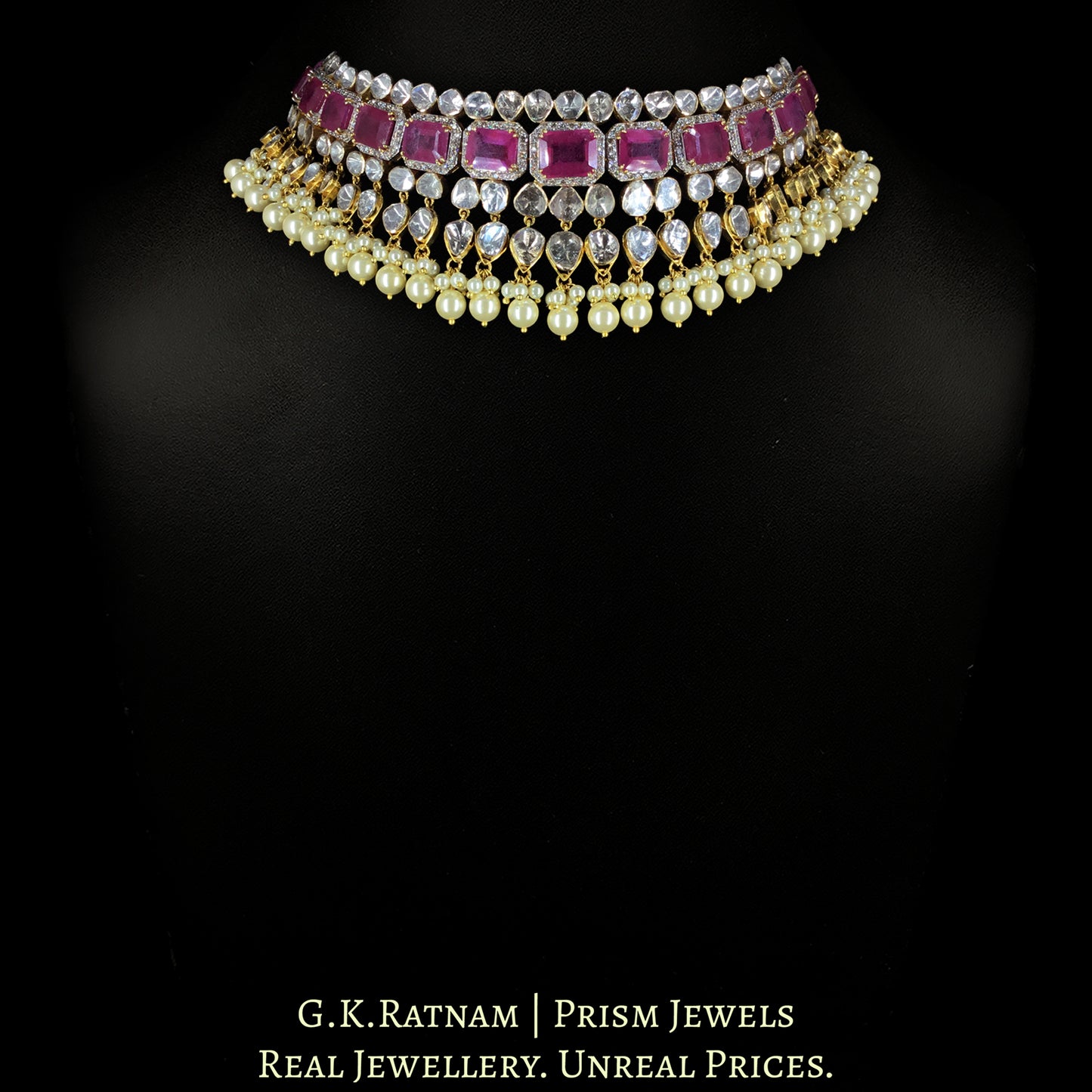 14k Gold And Diamond Polki Open Setting Choker Necklace Set with faceted Rubies - G. K. Ratnam