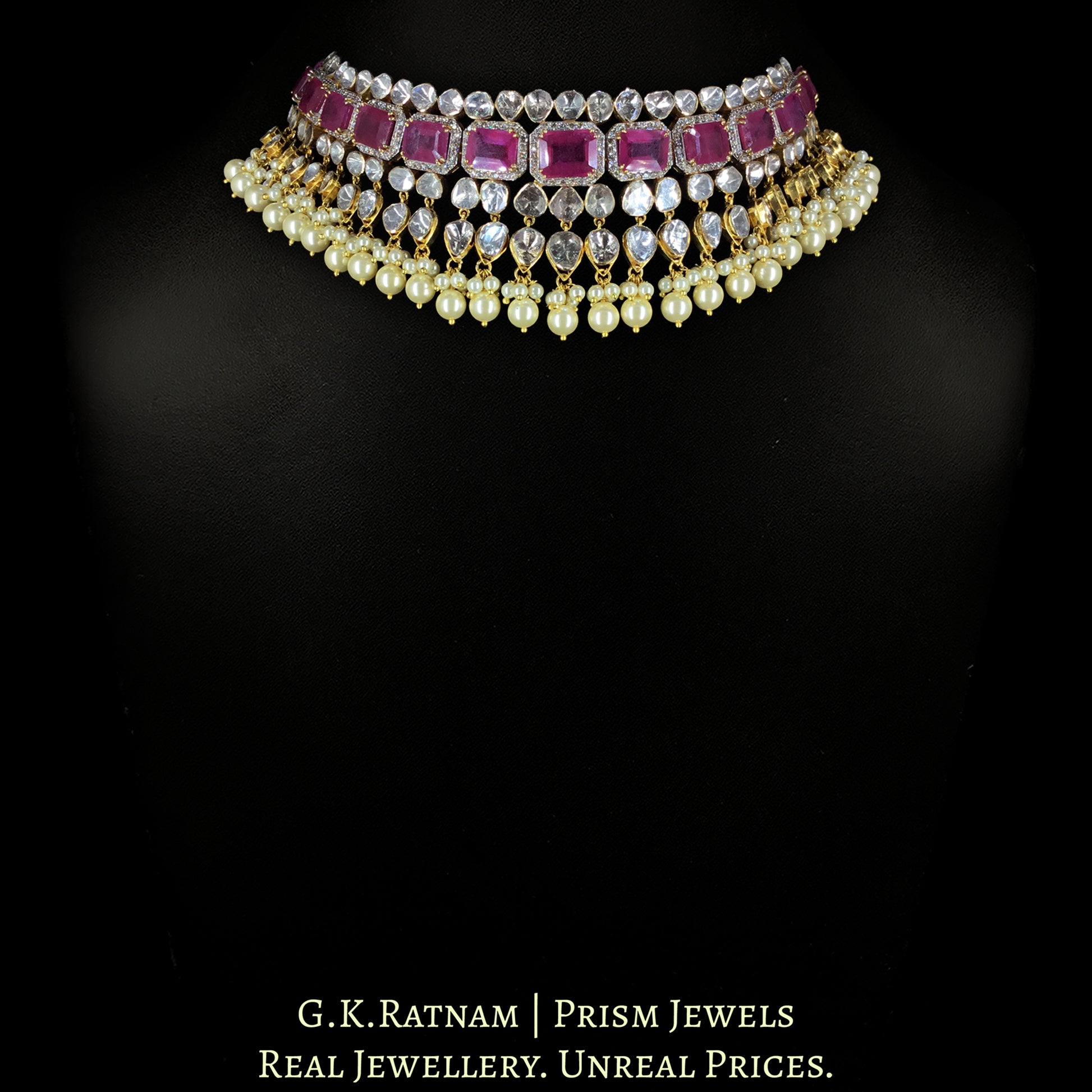 14k Gold And Diamond Polki Open Setting Choker Necklace Set with faceted Rubies - G. K. Ratnam