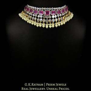 14k Gold And Diamond Polki Open Setting Choker Necklace Set with faceted Rubies