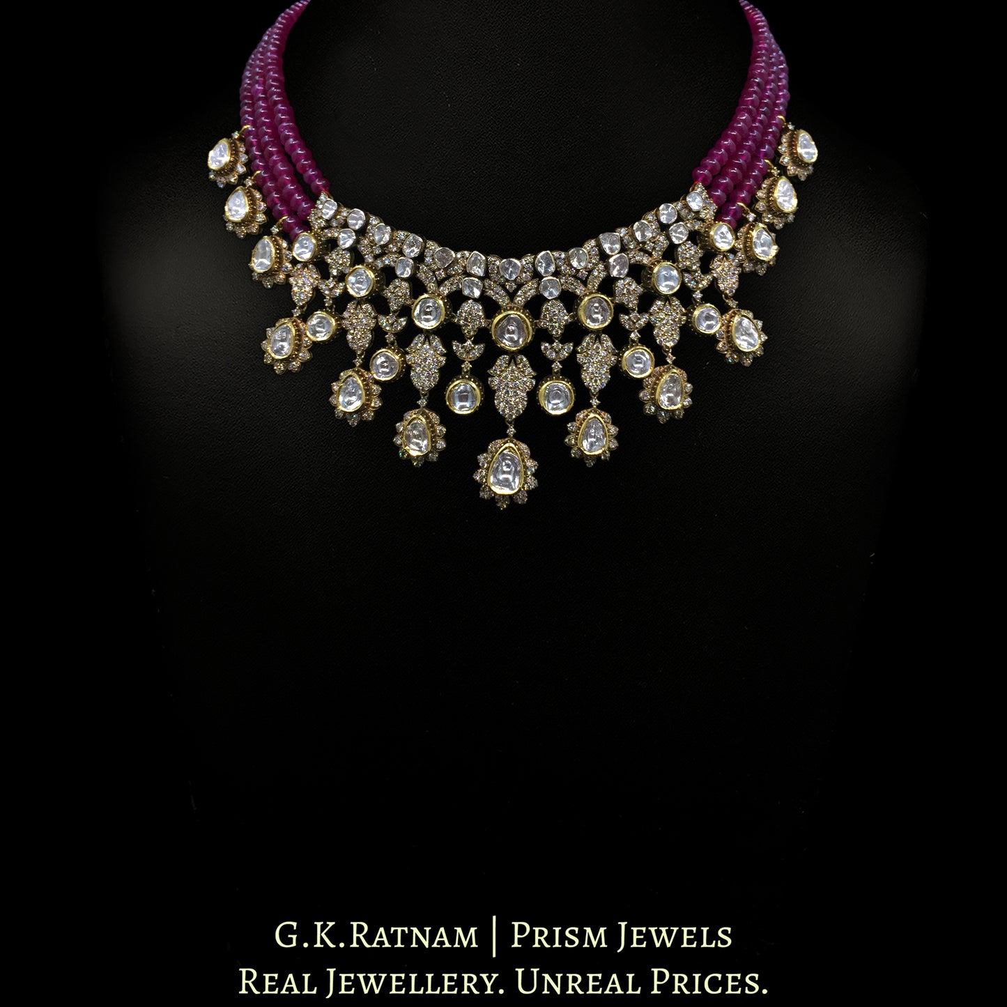 14k Gold and Diamond Polki Open Setting victorian-finish Necklace with Rubies