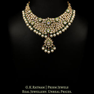 Traditional Gold and Diamond Polki green enamel Necklace Set with shiny pearls and a hint of green