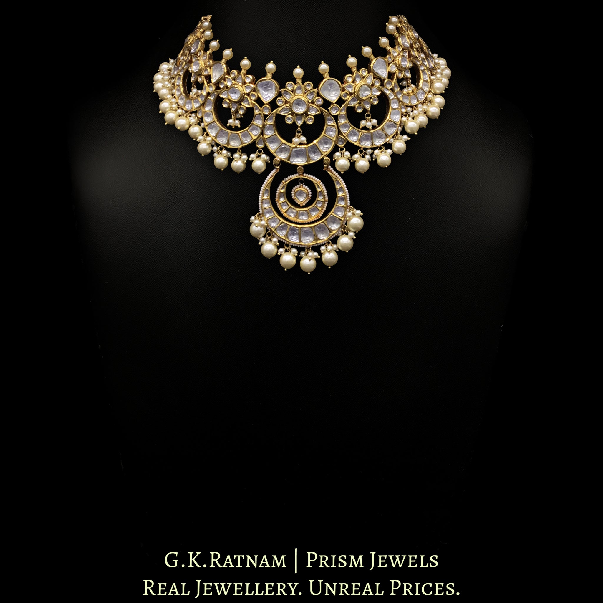 18k Gold and Diamond Polki Choker Necklace Set enhanced with south-sea-grade pearls