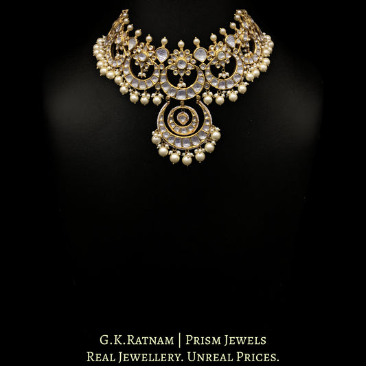 18k Gold and Diamond Polki Choker Necklace Set enhanced with south-sea-grade pearls