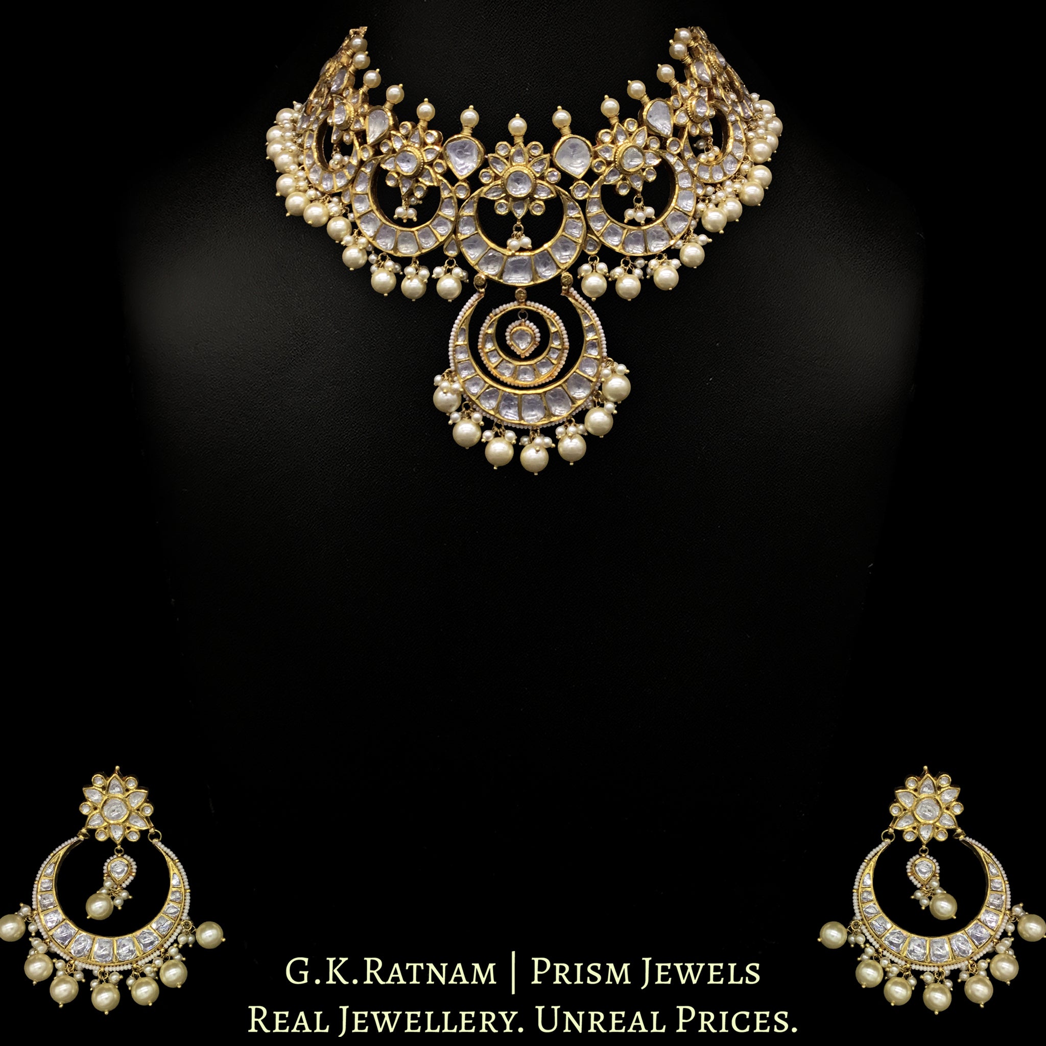 18k Gold and Diamond Polki Choker Necklace Set enhanced with south-sea-grade pearls