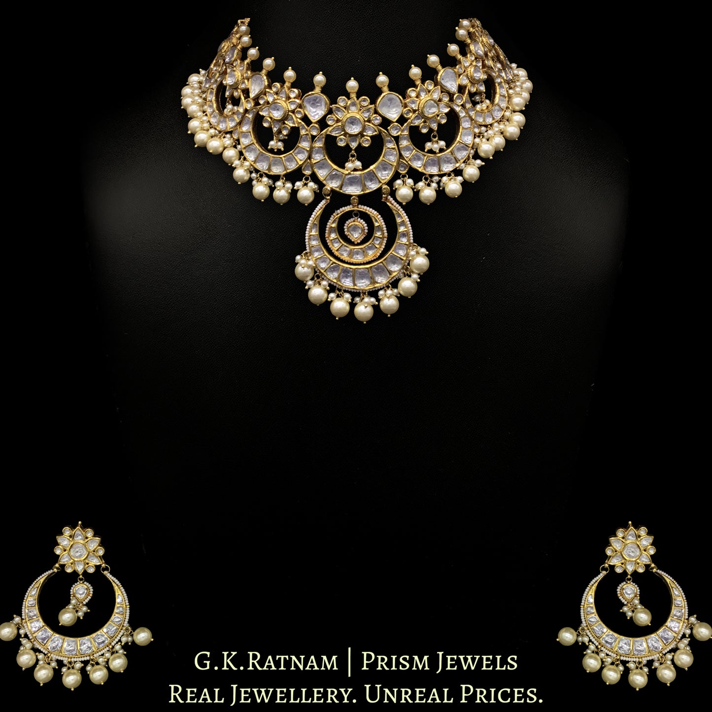18k Gold and Diamond Polki Choker Necklace Set enhanced with south-sea-grade pearls