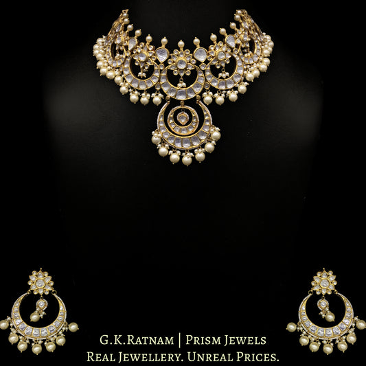 18k Gold and Diamond Polki Choker Necklace Set enhanced with south-sea-grade pearls