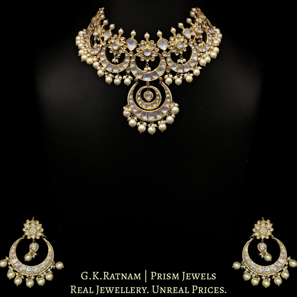 18k Gold and Diamond Polki Choker Necklace Set enhanced with south-sea-grade pearls