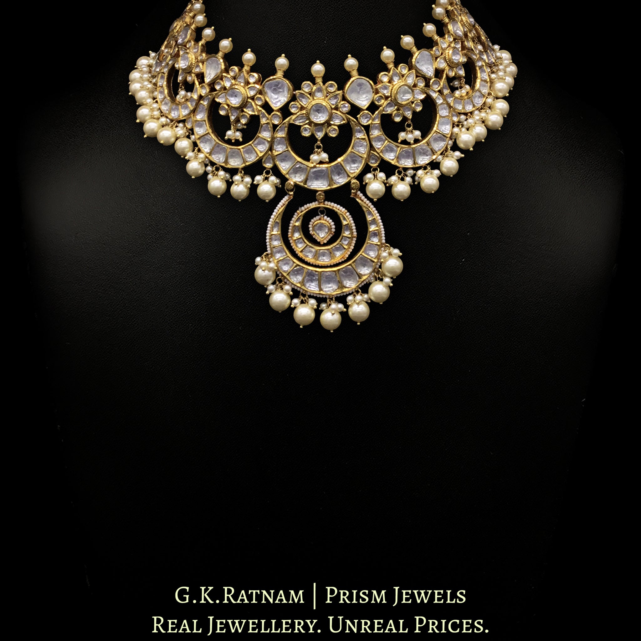 18k Gold and Diamond Polki Choker Necklace Set enhanced with south-sea-grade pearls