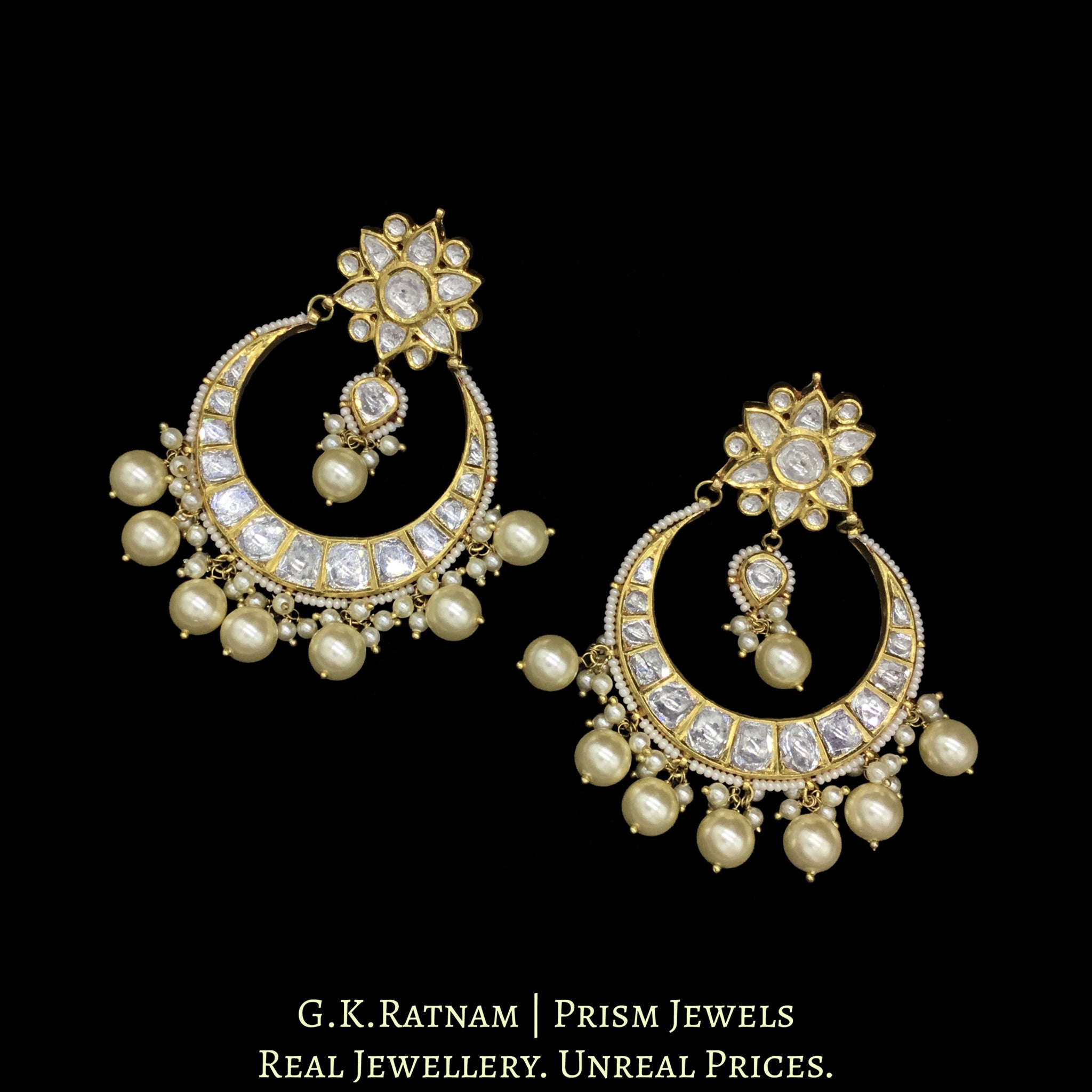 18k Gold and Diamond Polki Choker Necklace Set enhanced with south-sea-grade pearls