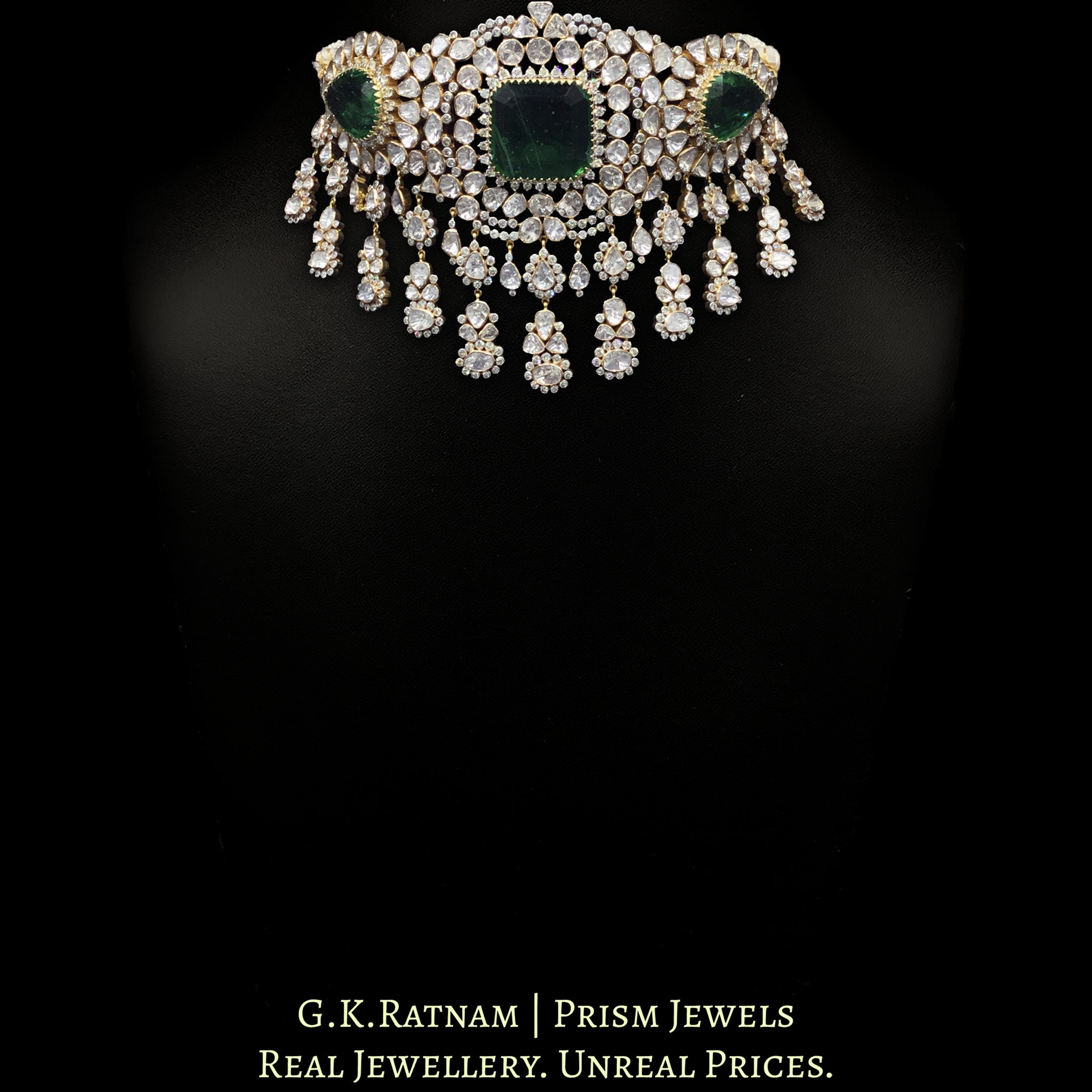 18k Gold and Diamond Polki Open Setting Choker Necklace Set with pipe-set Diamonds