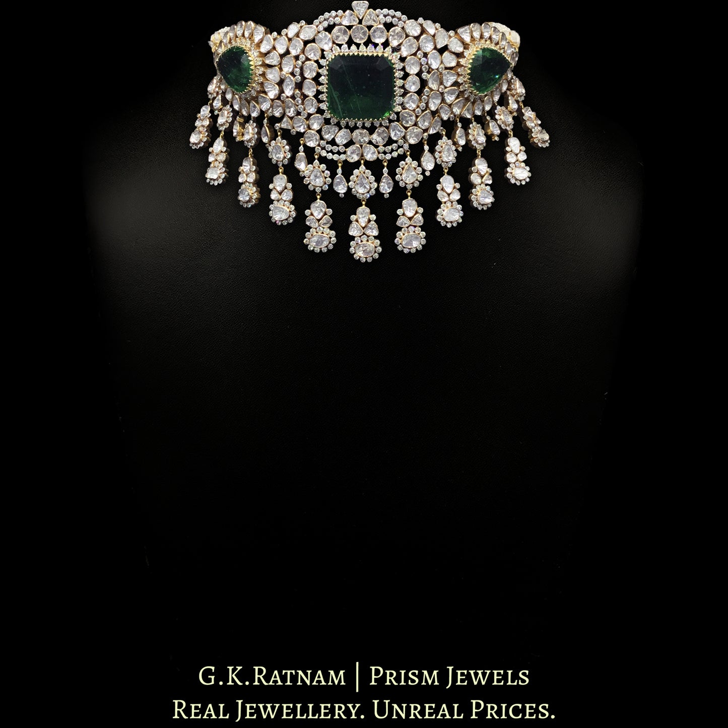18k Gold and Diamond Polki Open Setting Choker Necklace Set with pipe-set Diamonds
