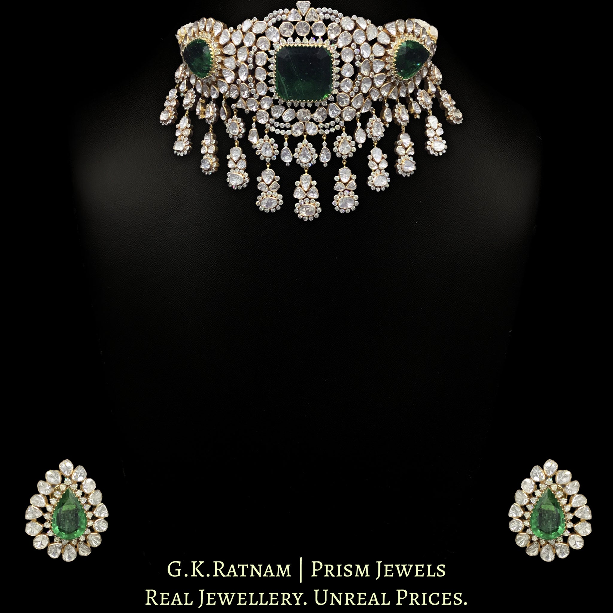 18k Gold and Diamond Polki Open Setting Choker Necklace Set with pipe-set Diamonds