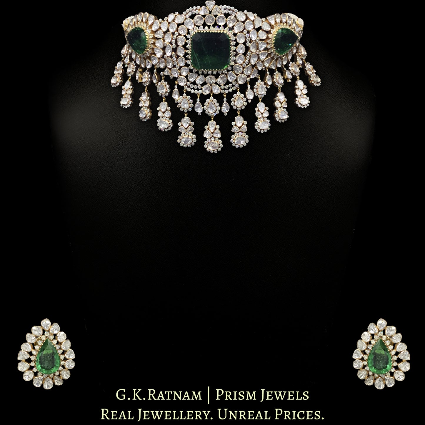 18k Gold and Diamond Polki Open Setting Choker Necklace Set with pipe-set Diamonds
