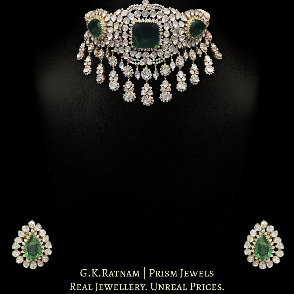 18k Gold and Diamond Polki Open Setting Choker Necklace Set with pipe-set Diamonds