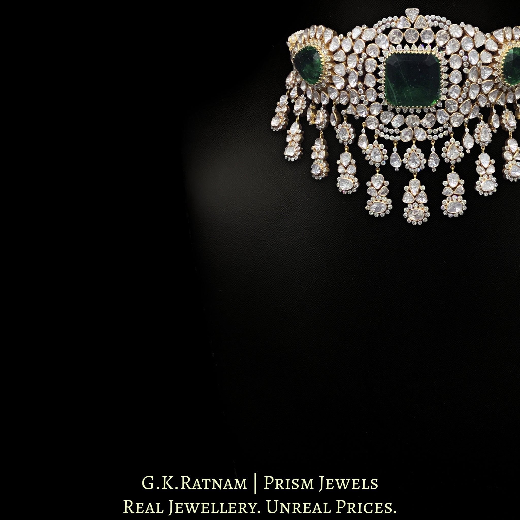 18k Gold and Diamond Polki Open Setting Choker Necklace Set with pipe-set Diamonds