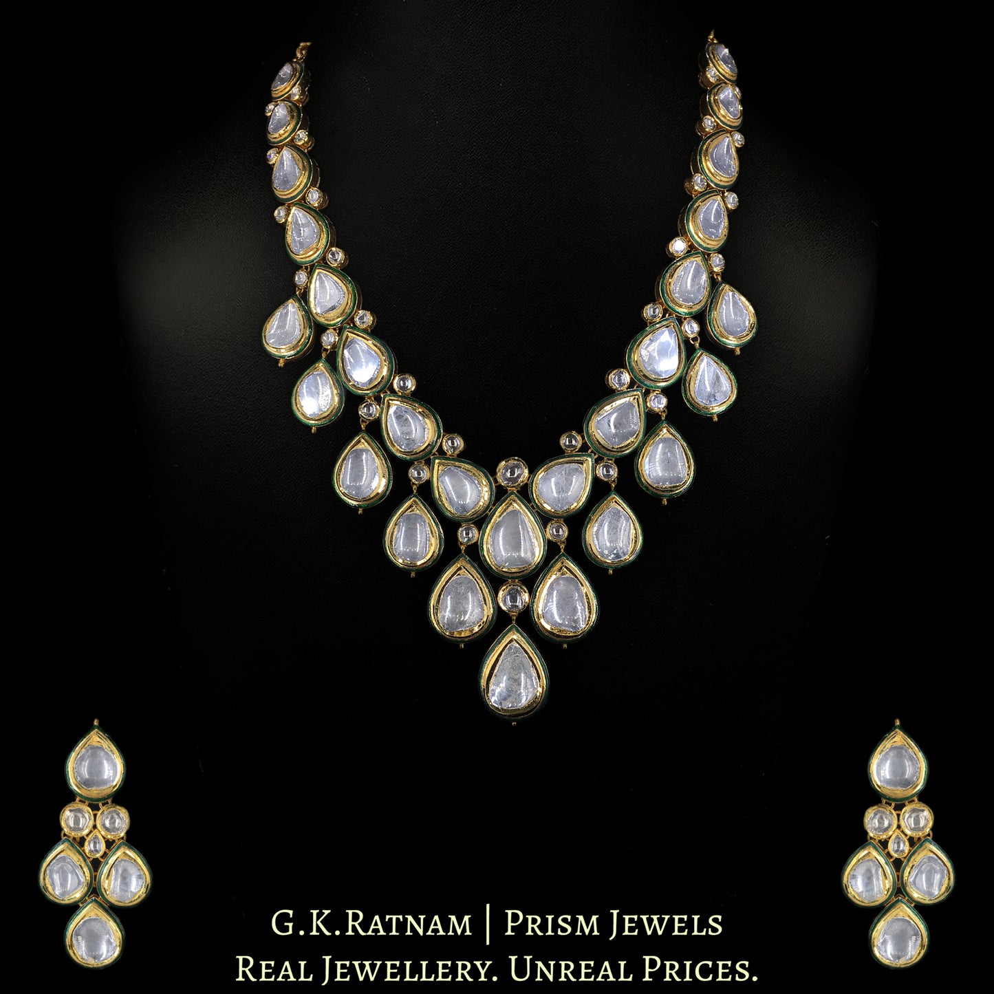 18k Gold and Diamond Polki Necklace Set with Green Enamel