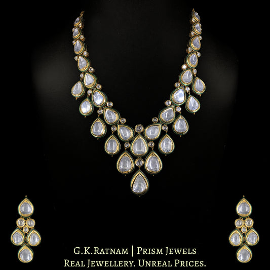 18k Gold and Diamond Polki Necklace Set with Green Enamel