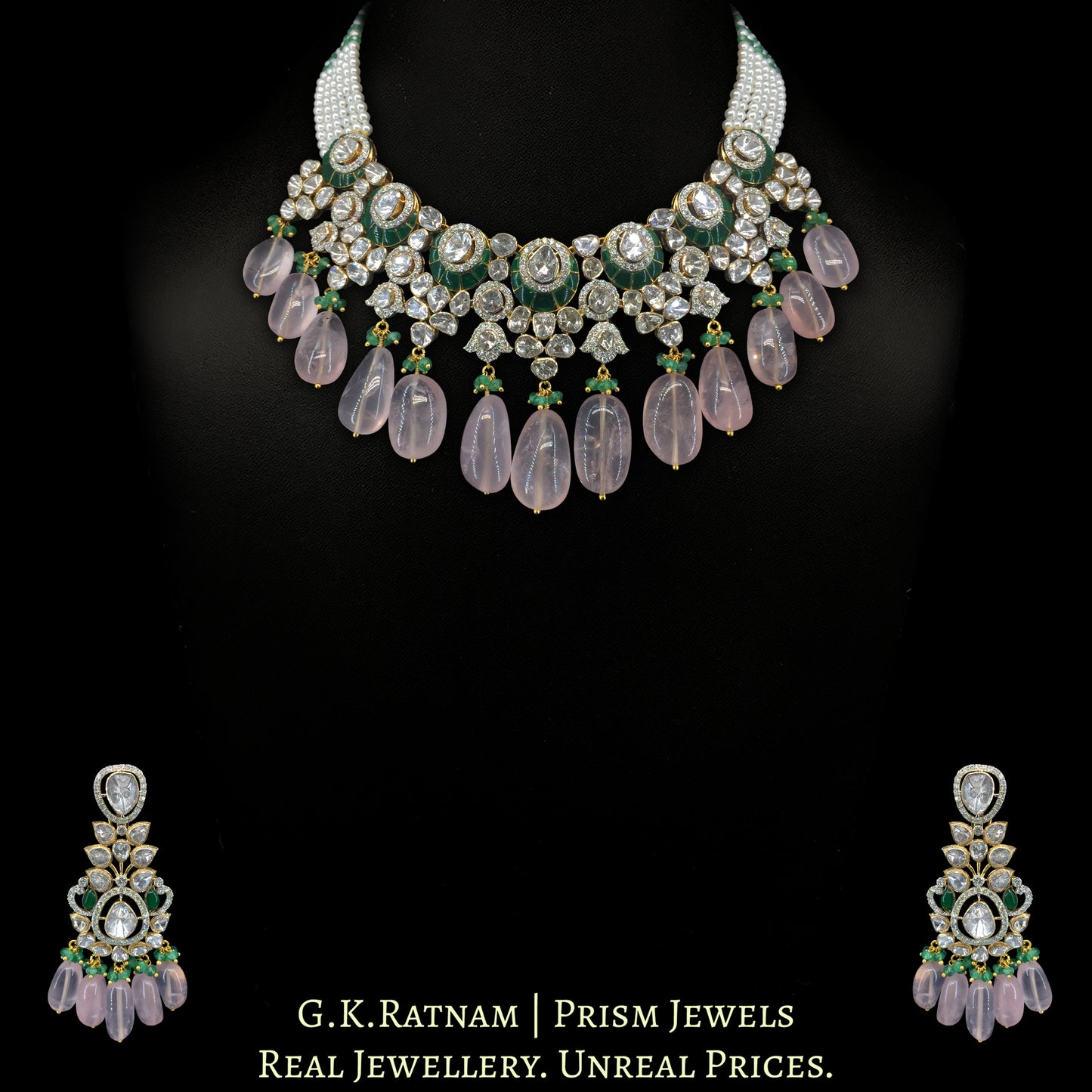 14k Gold and Diamond Polki Open Setting Necklace Set with Rose Quartz