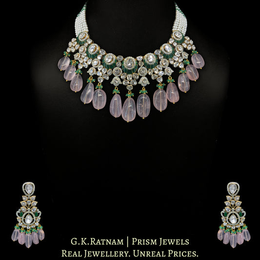 14k Gold and Diamond Polki Open Setting Necklace Set with Rose Quartz - G. K. Ratnam