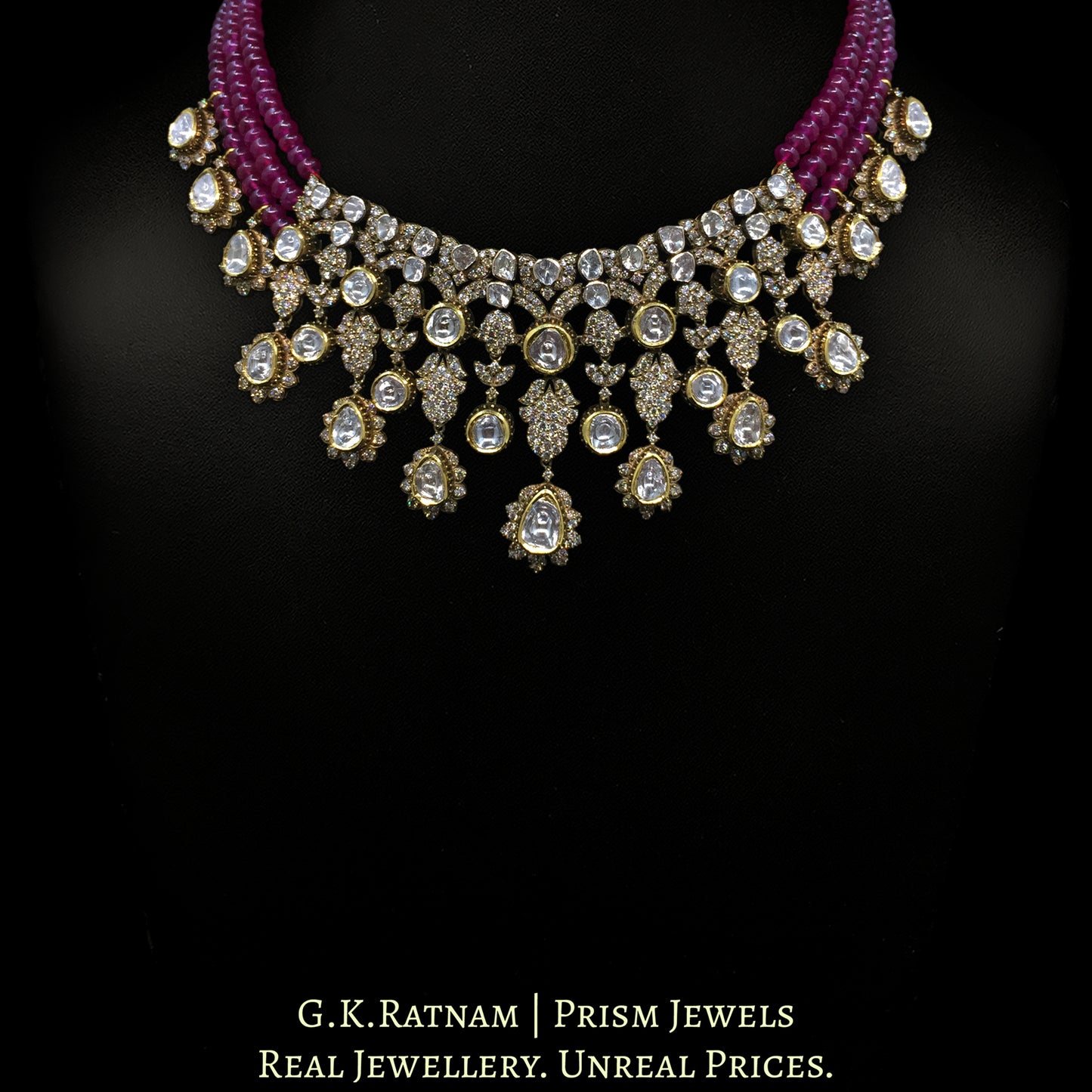 14k Gold and Diamond Polki Open Setting victorian-finish Necklace with Rubies