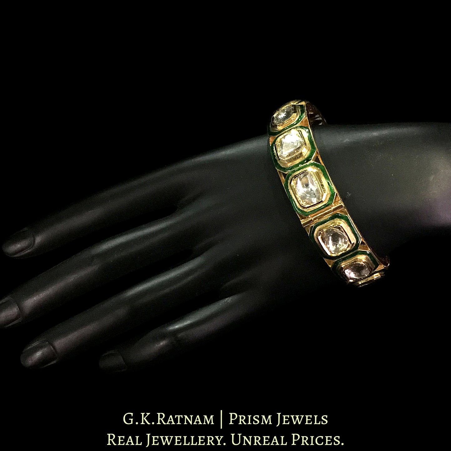 18k Gold and Diamond Polki green-enamel Bangle with Big Uncuts