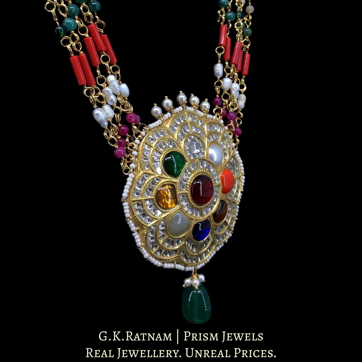 23k Gold and Diamond Polki Navratna Pendant Set with Navratna Chains - G. K. Ratnam