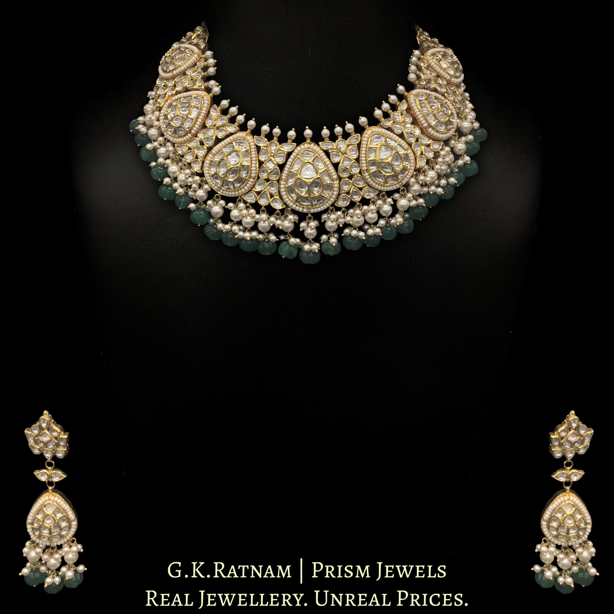 18k Gold and Diamond Polki Necklace Set With Pearls and emerald-green Carved Melons