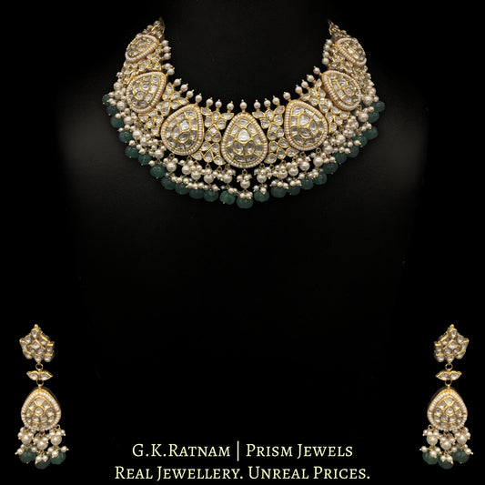 18k Gold and Diamond Polki Necklace Set With Pearls and emerald-green Carved Melons - G. K. Ratnam