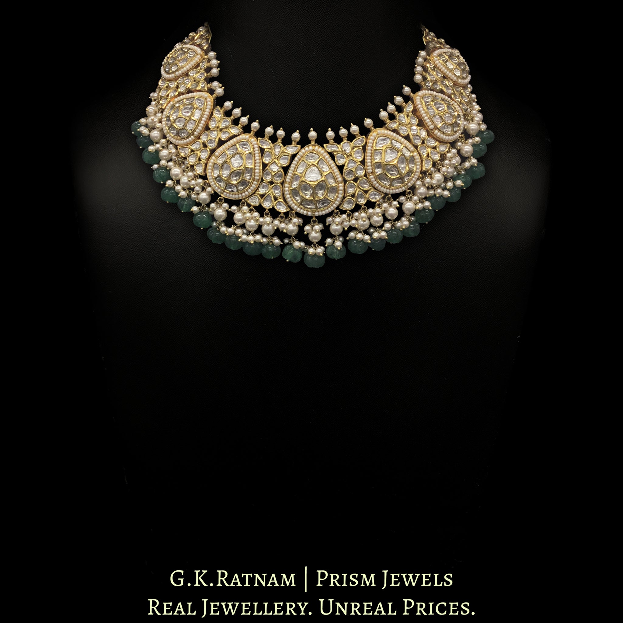 18k Gold and Diamond Polki Necklace Set With Pearls and emerald-green Carved Melons