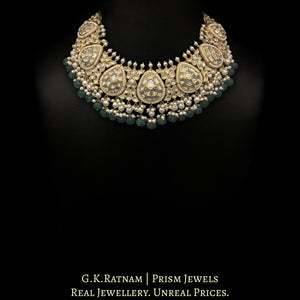 18k Gold and Diamond Polki Necklace Set With Pearls and emerald-green Carved Melons