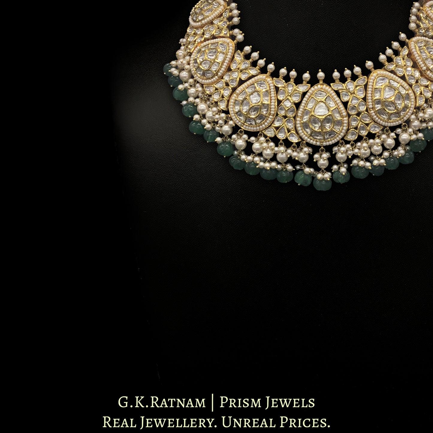 18k Gold and Diamond Polki Necklace Set With Pearls and emerald-green Carved Melons - G. K. Ratnam