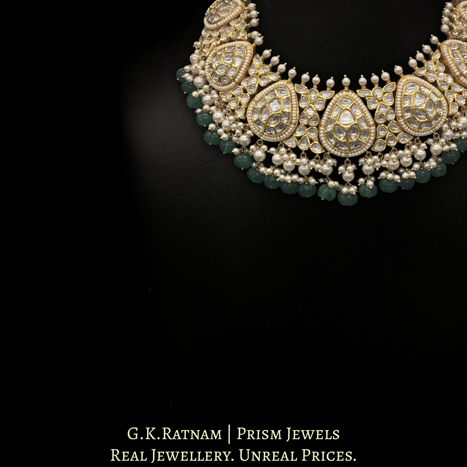 18k Gold and Diamond Polki Necklace Set With Pearls and emerald-green Carved Melons - G. K. Ratnam