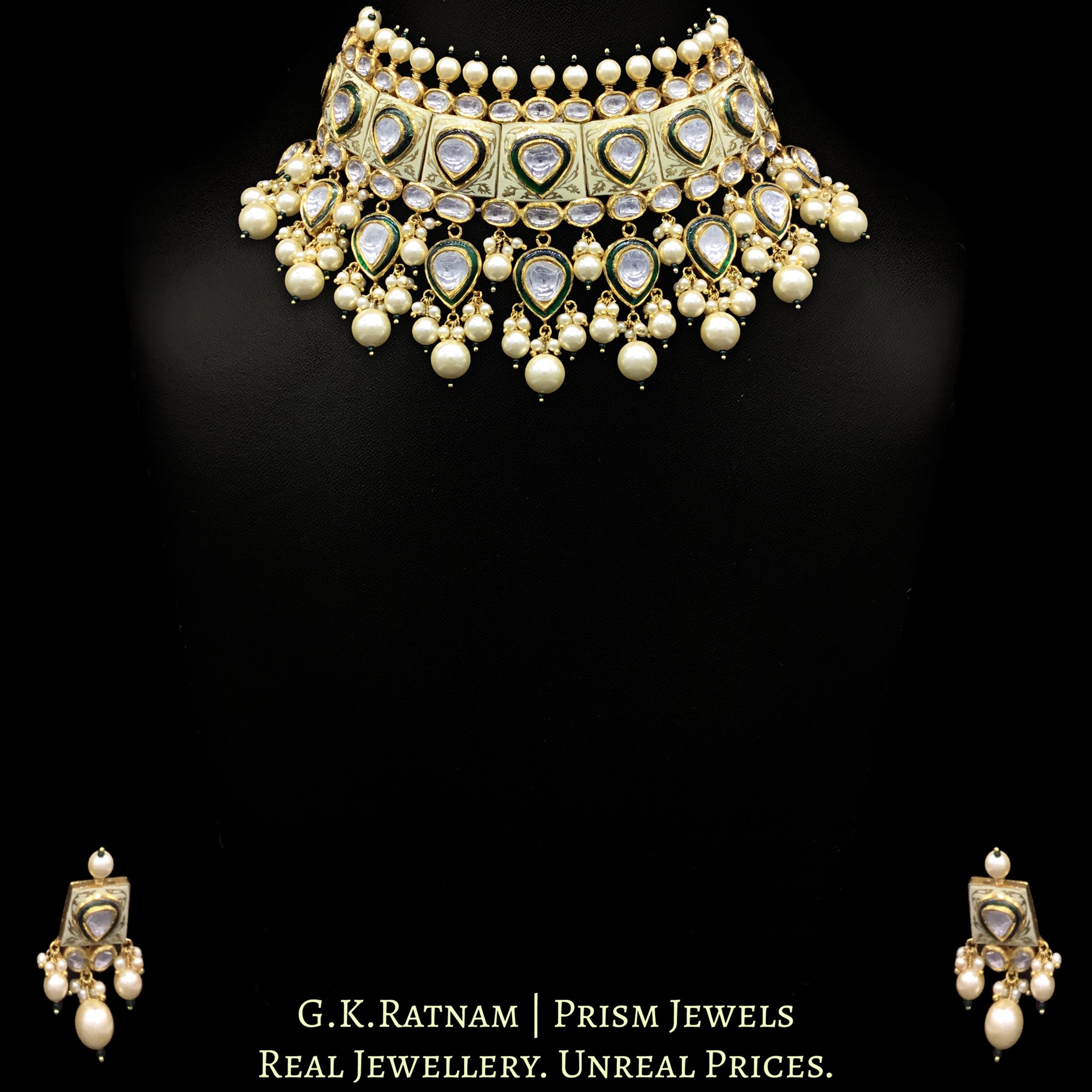 18k Gold and Diamond Polki cream enamel Choker Necklace Set with lustrous shell pearls