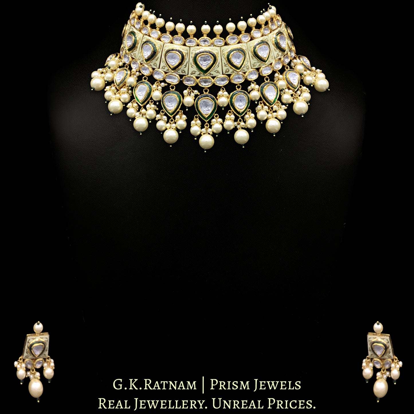 18k Gold and Diamond Polki cream enamel Choker Necklace Set with lustrous shell pearls