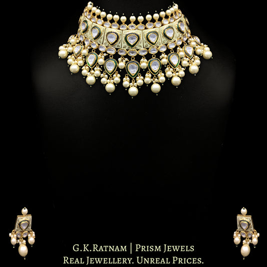 18k Gold and Diamond Polki cream enamel Choker Necklace Set with lustrous shell pearls