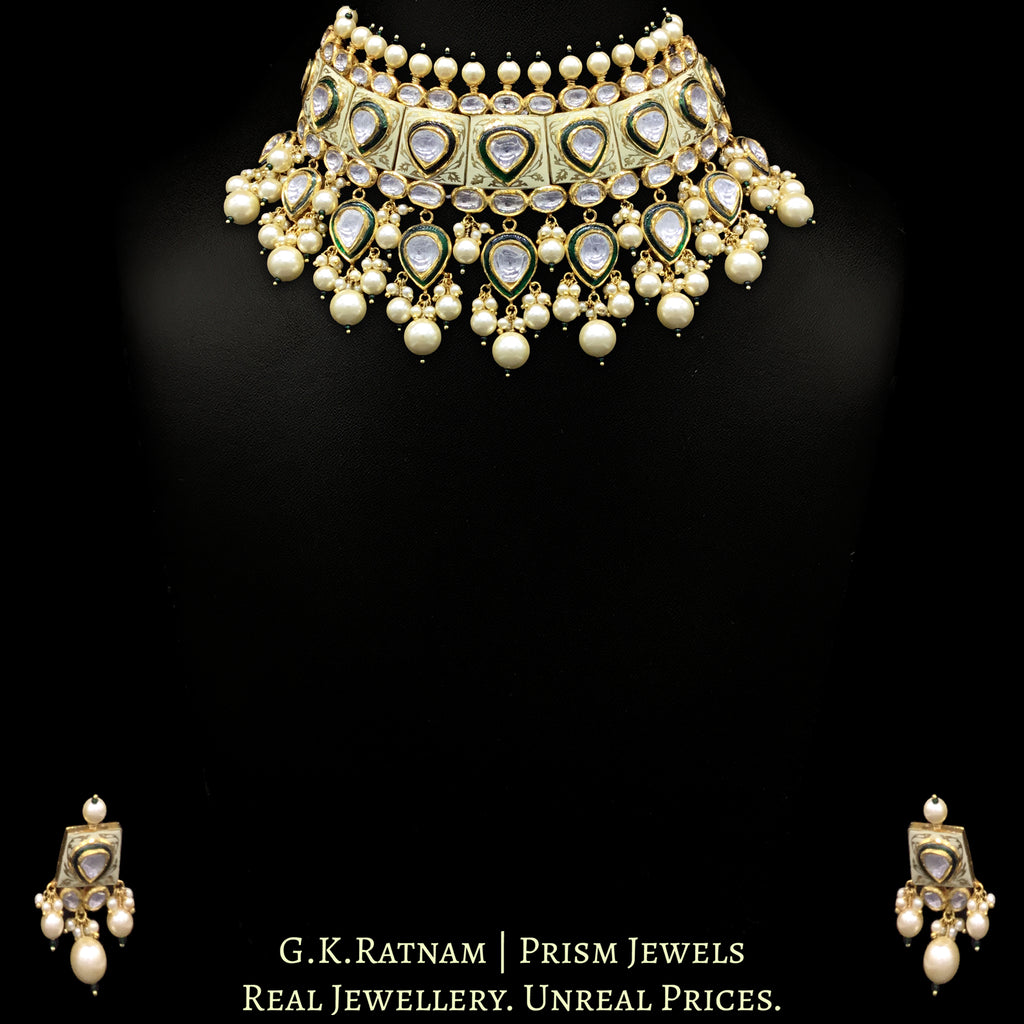 18k Gold and Diamond Polki cream enamel Choker Necklace Set with lustrous shell pearls